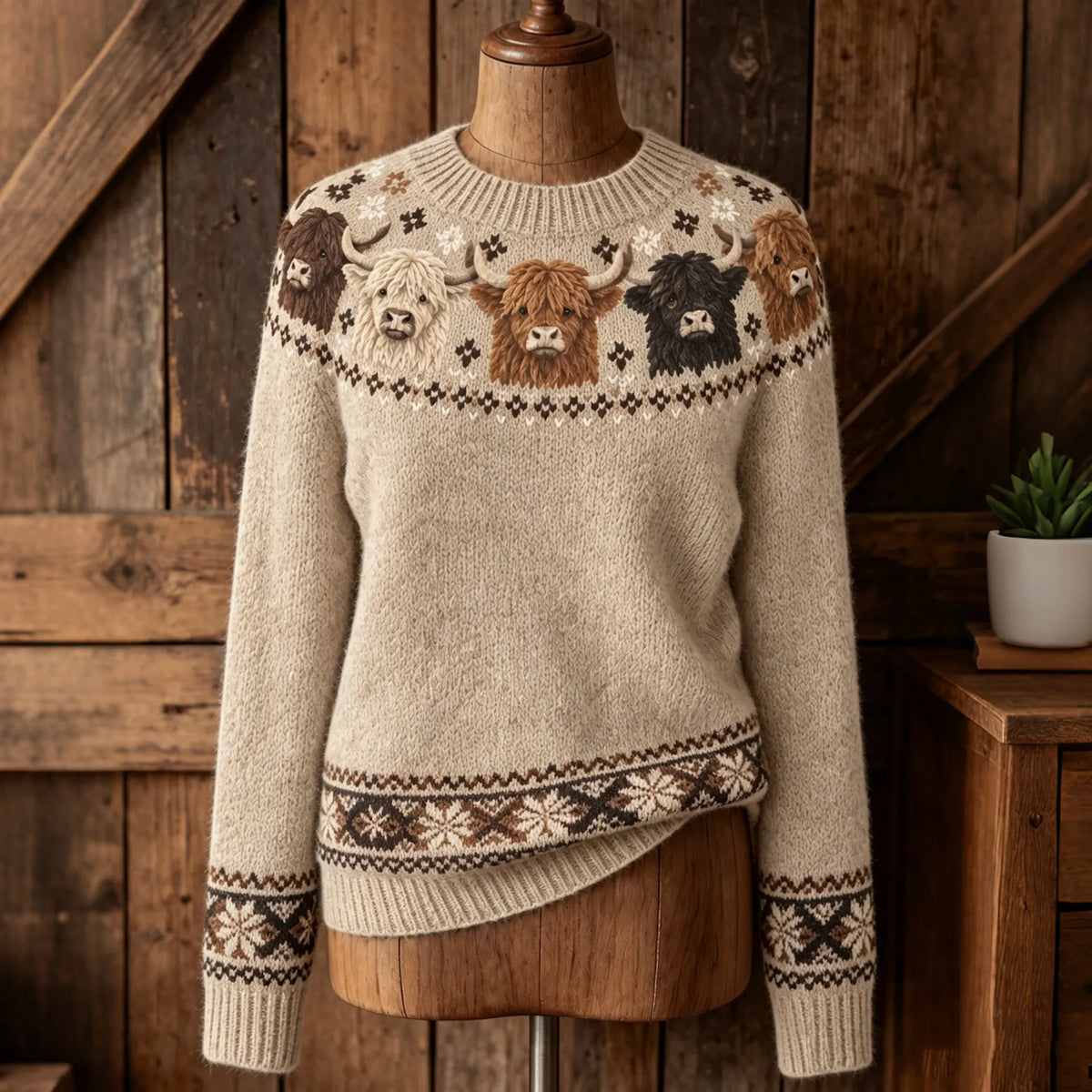 Women's Retro Highland Cow Ethnic Patterns Cozy Fair Isle Style Knit Sweater