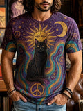 Men's Cosmic Purple Sun, Moon, And Black Cat Print Short Sleeve T-shirt