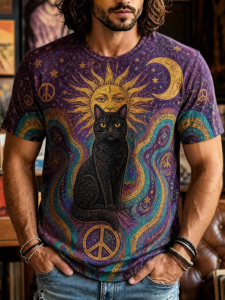 Men's Cosmic Purple Sun, Moon, And Black Cat Print Short Sleeve T-shirt