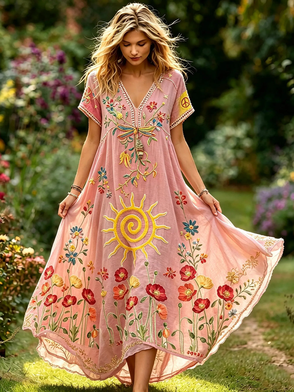 Women's Hippie Floral Design Loose Vacation Short-sleeved V-neck Cotton Linen Maxi Dress