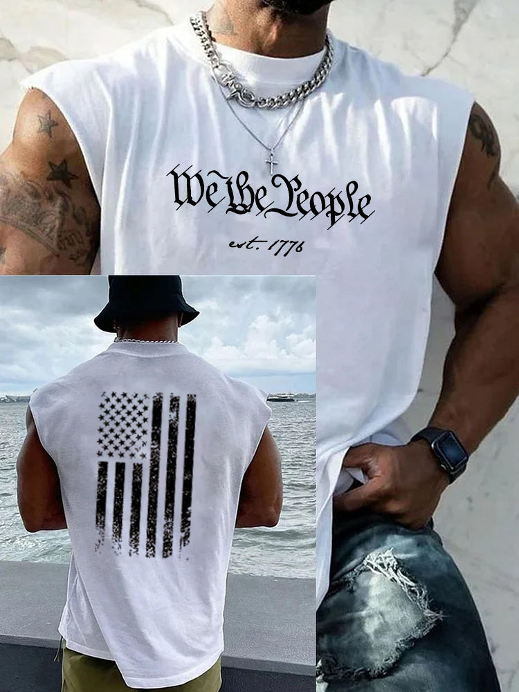 We The People Pattern Round Neck 100% Cotton Tank Top