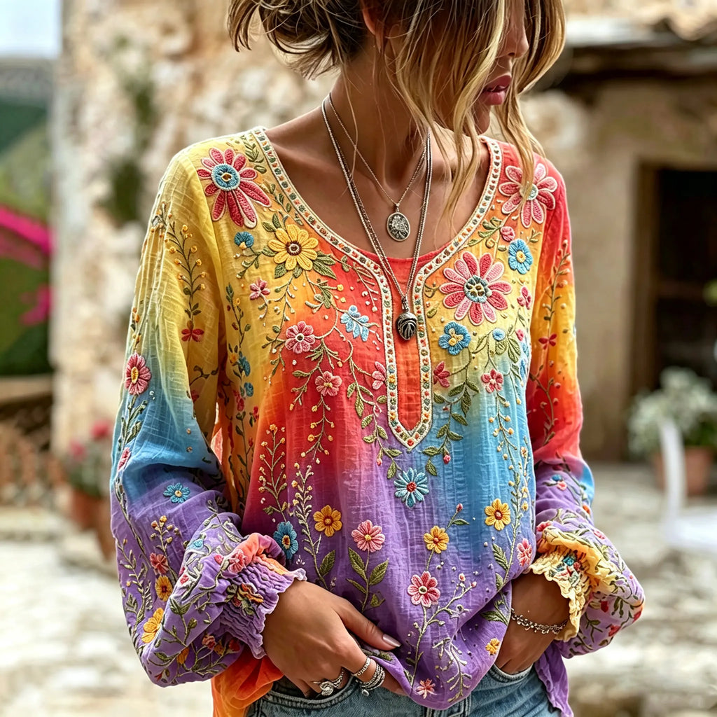 Women's Vintage Floral In Hippie Rainbow Art Print Flowy Linen Blend Linen Blend Long Sleeve Casual Tops