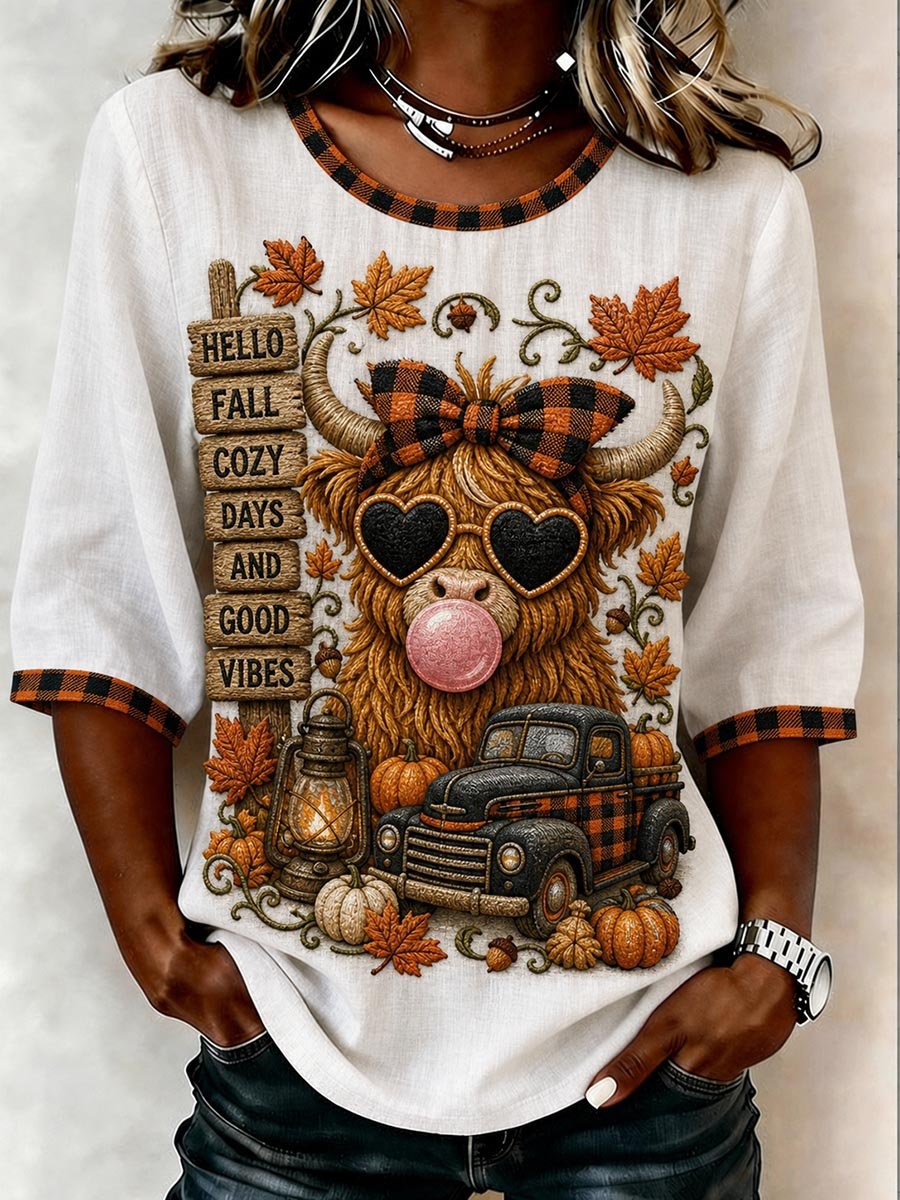 Women's "Hello Fall" Casual Yak-Blend Mid-Sleeve Top