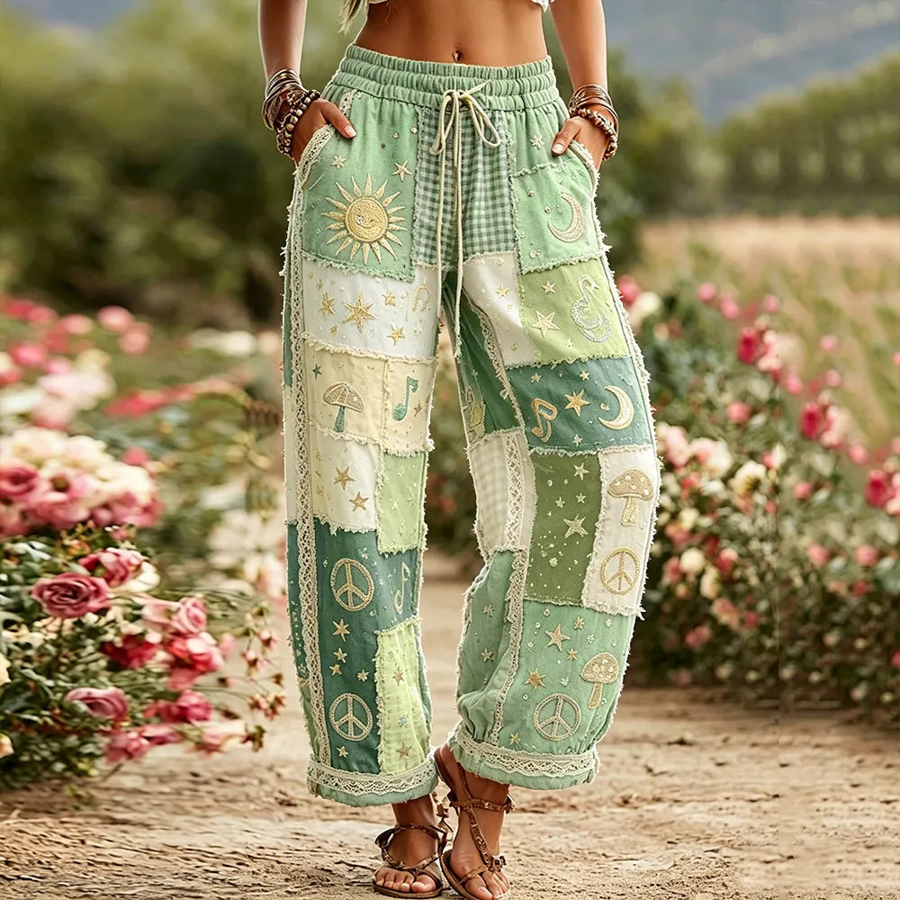 Women's Hippie Sun Moon Stars And Peace Symbol Embroidered Patchwork Cotton Linen Casual Pants