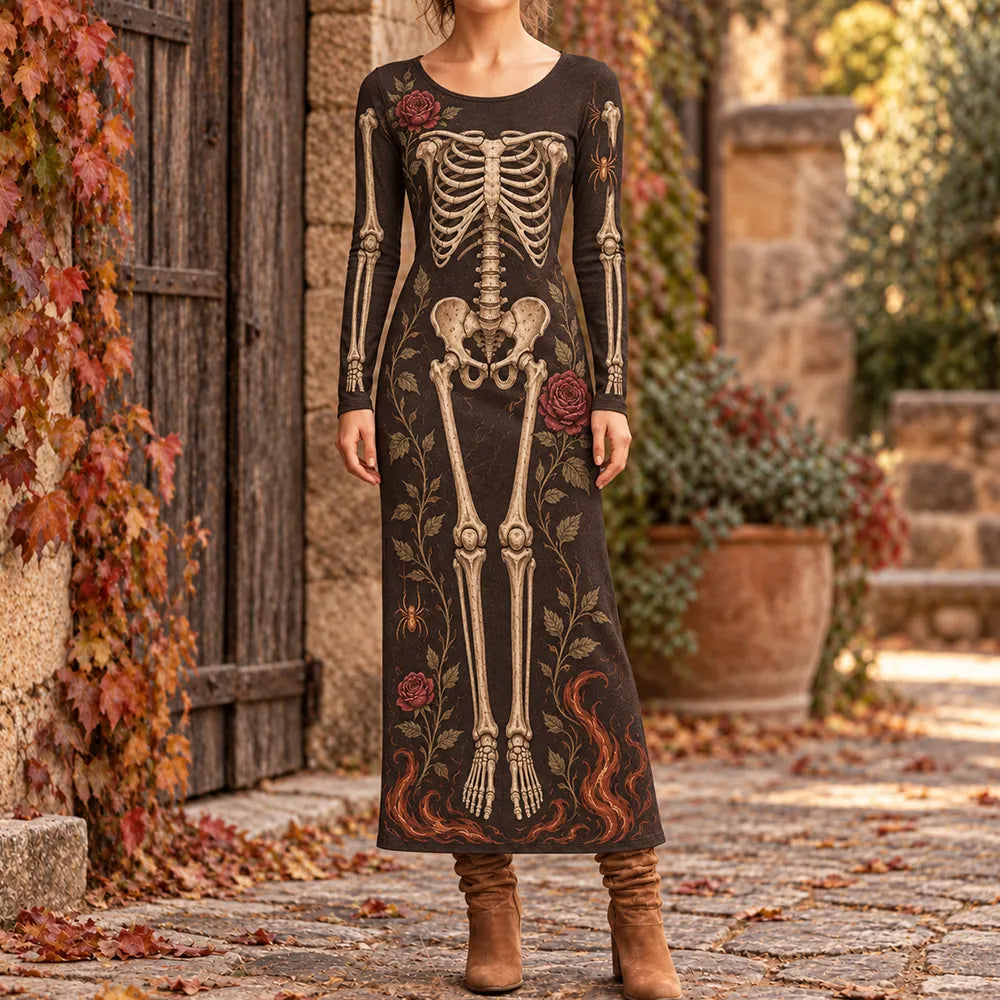 Women's Skeleton, Rose And Spider Web Pattern Long-sleeve Maxi Dress