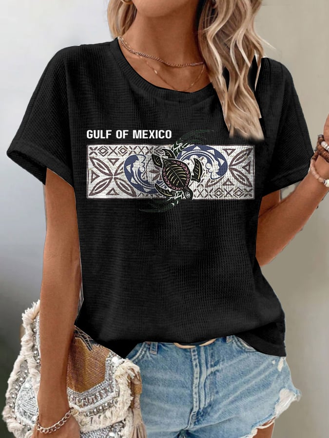 Women's Waffle Mexican Turtle Print T-Shirt