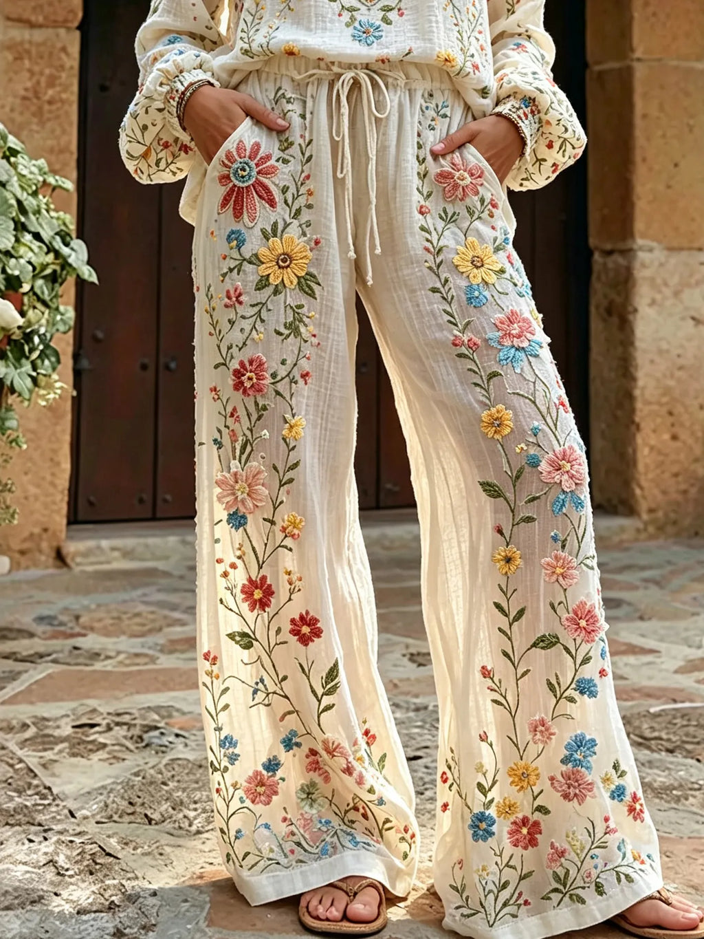 Women's Vintage Floral Pattern Art Embroidered Linen Blend Pants
