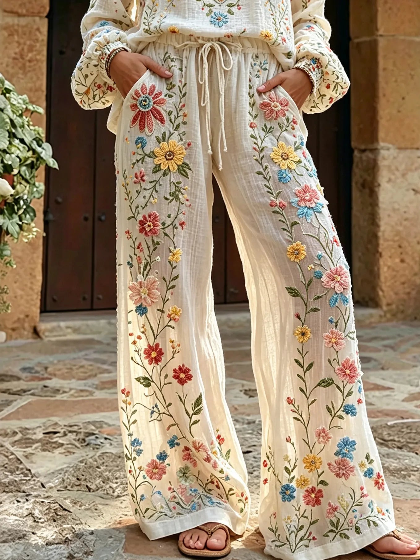 Women's Vintage Floral Pattern Art Embroidered Linen Blend Pants