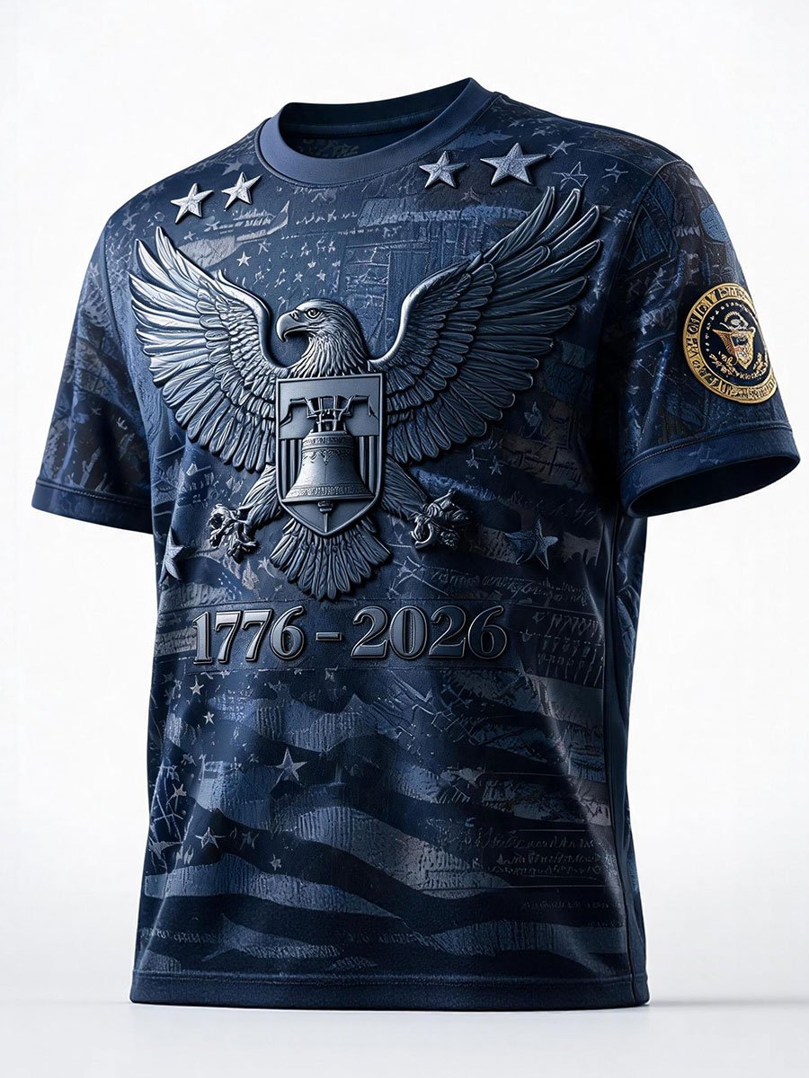 Men's Vintage-Style American Print Short-Sleeve Crew-Neck T-Shirt