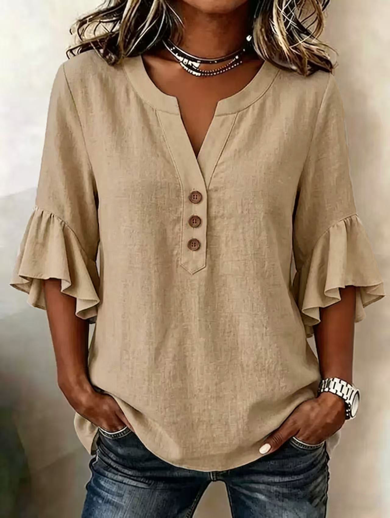 Women'S Solid-Color V-Neck 3/4-Sleeve Casual Loose Cotton-Linen Top