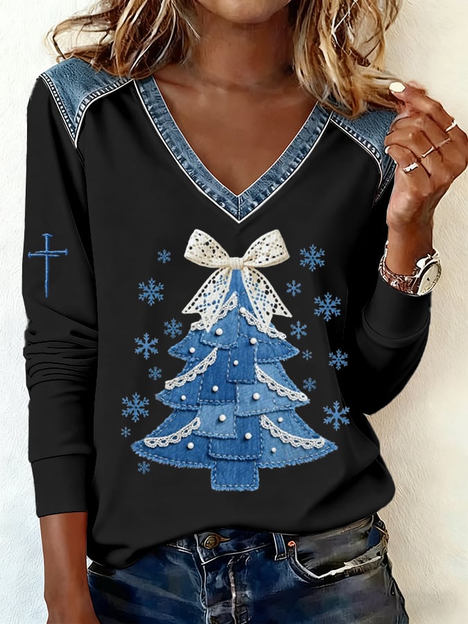 Women's Casual Denim Christmas Tree Print V Neck Sweatshirt