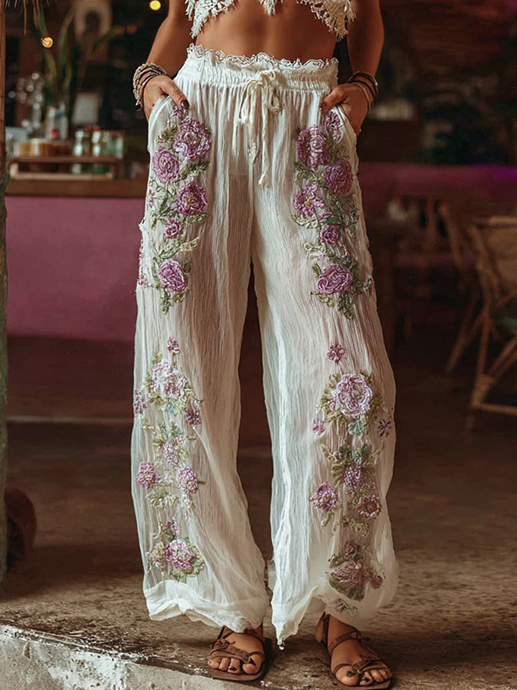 Women's Purple Rose Pattern Casual Linen Blend Pants