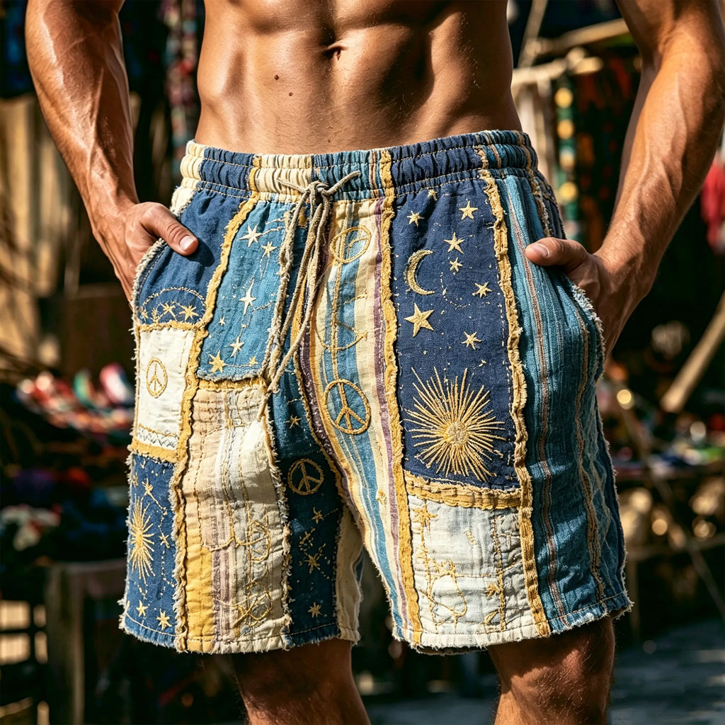 Men Vintage Boho Patchwork Star Moon Peace Sign Drawstring Shorts