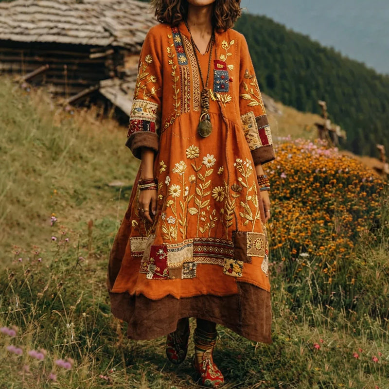 Women's Bohemian Retro Ethnic Floral Color-blocked Art Print Flowy Linen Blend Long-sleeve Casual Dress