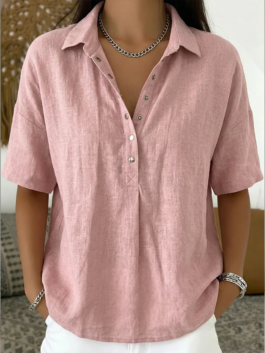 Women’s Cotton Linen Polo Shirt – Casual Short Sleeve Summer Top