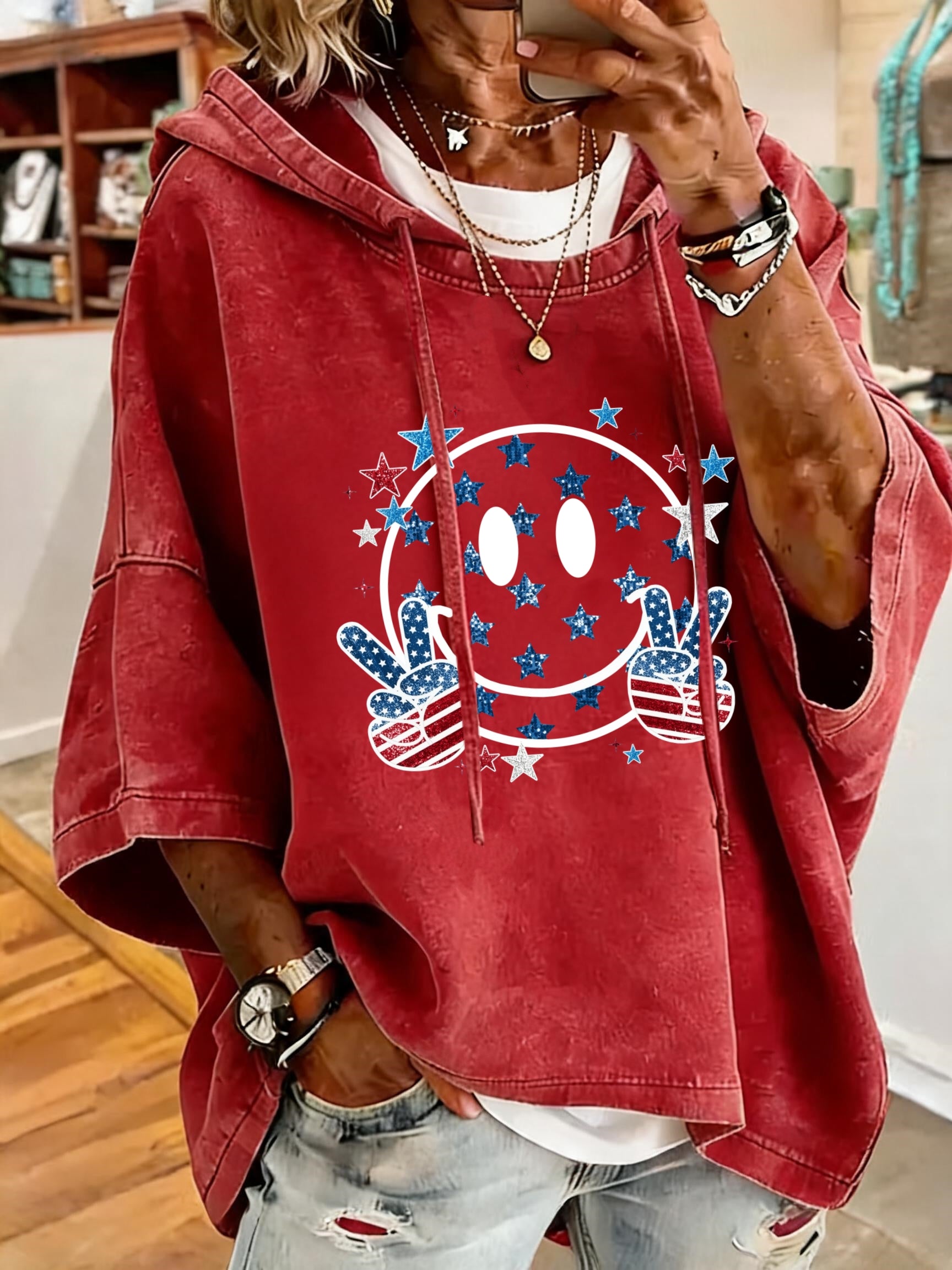 Women's Anniversary Flag Smile Print Oversized Hoodie