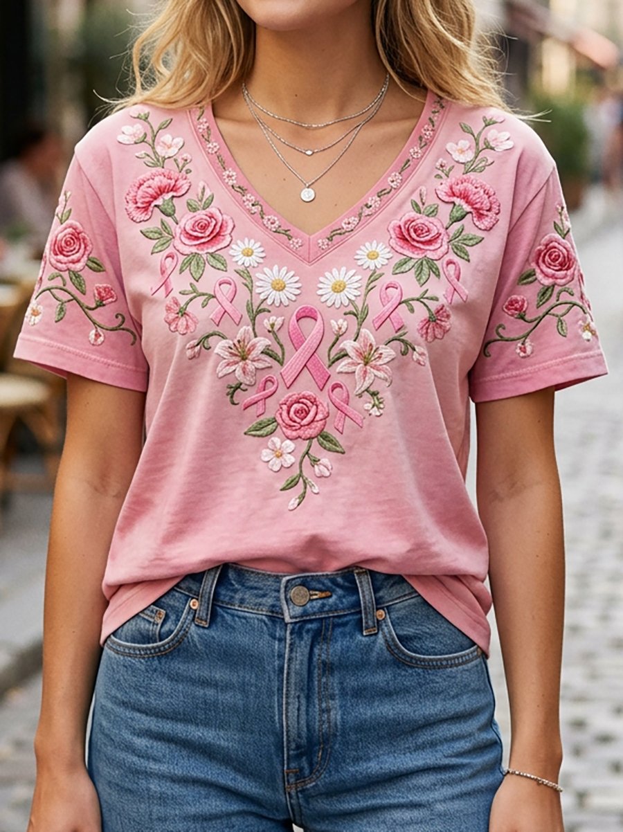 Women's Breast Cancer Awareness Floral Art V-Neck Short-Sleeve T-Shirt