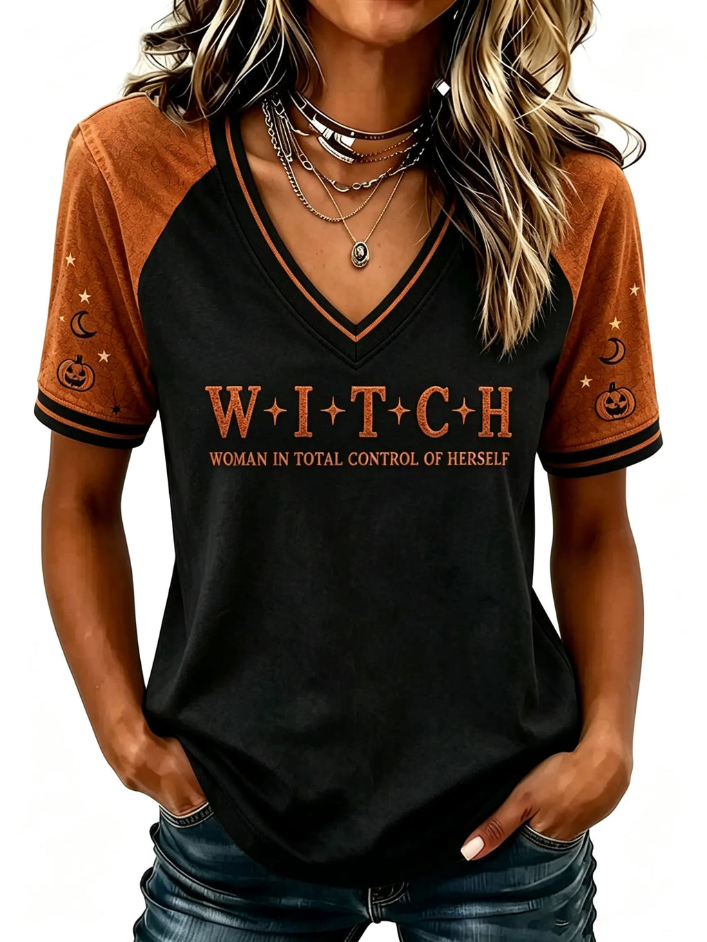 Women's Halloween "woman In Total Control Of Herself" Printed V-neck Short-sleeved T-shirt
