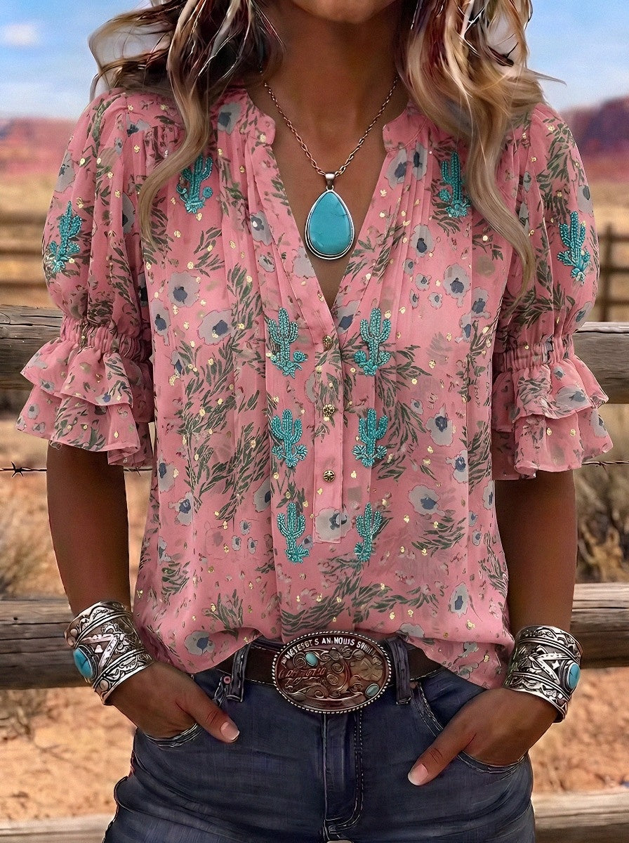 Women's Western Vintage Cactus Floral Printed Blouse