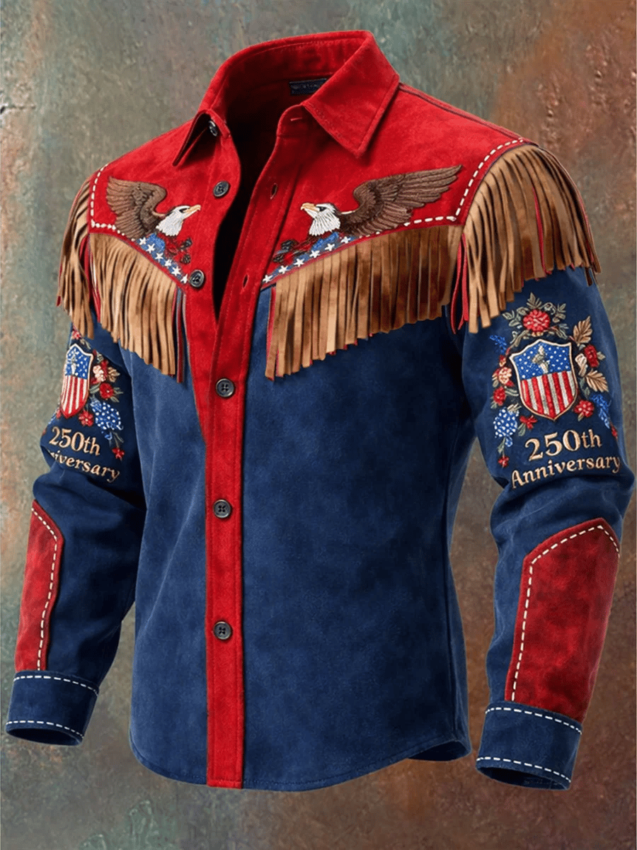 Men'S Vintage Distressed Western-Style 250th Anniversary Commemorative Printed Shirt