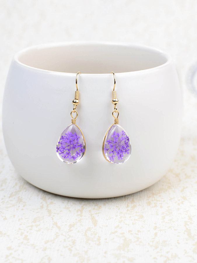 Purple Drop-Shaped Flower Design Earrings