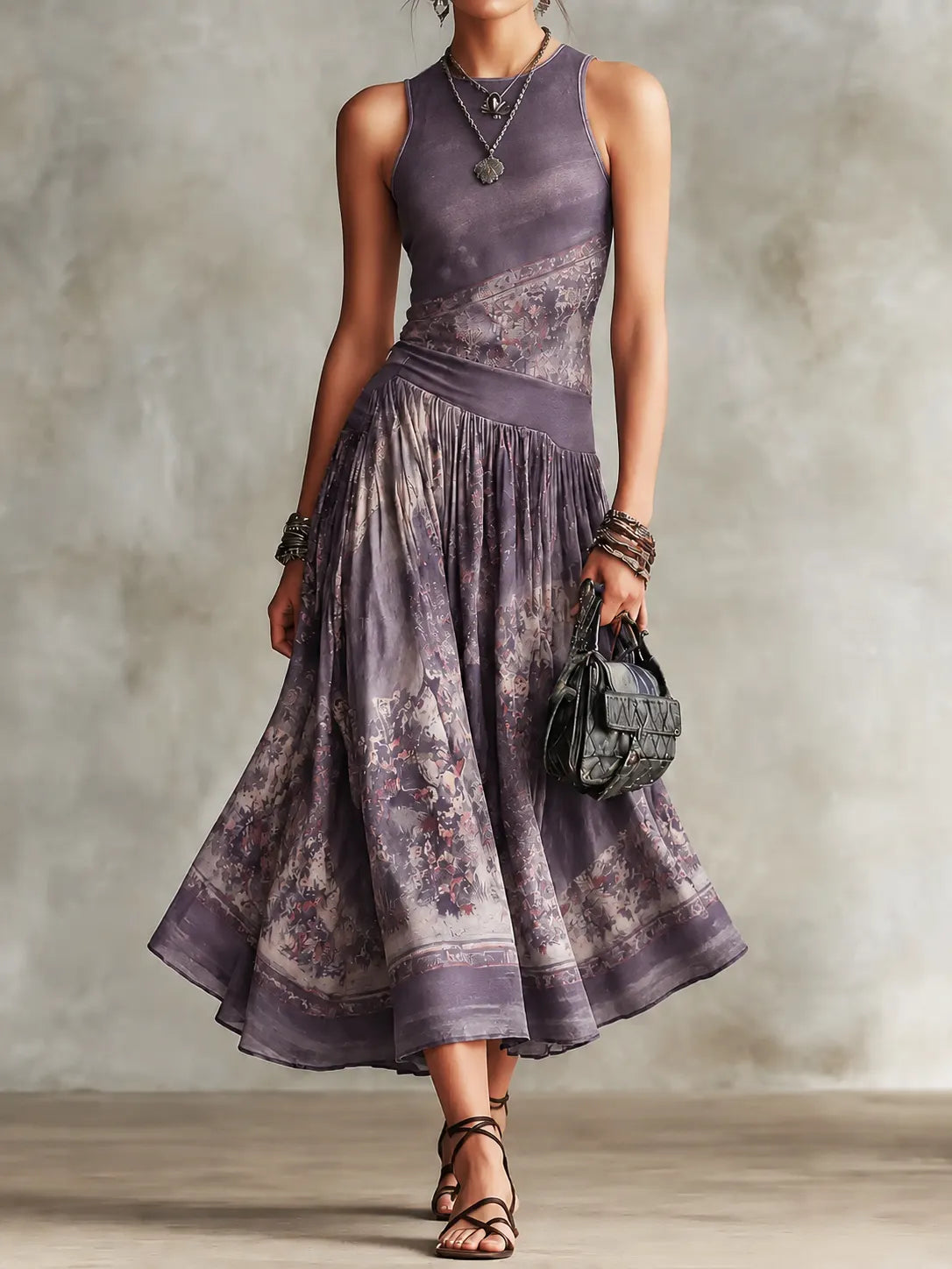 Elegant Retro Printed Sleeveless Tank Top Midi Dress