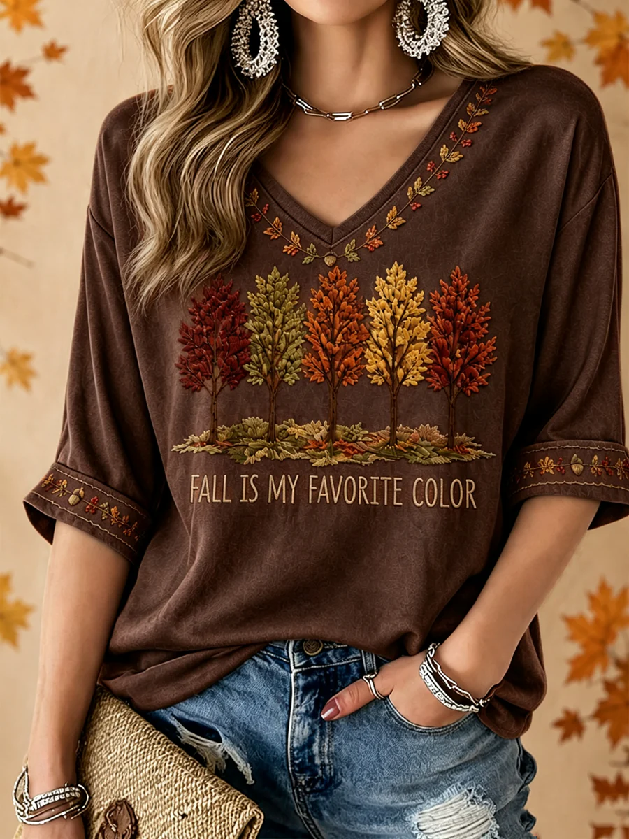 Women'S Autumn Is My Favorite Color Printed Mid Sleeved V-Neck T-Shirt