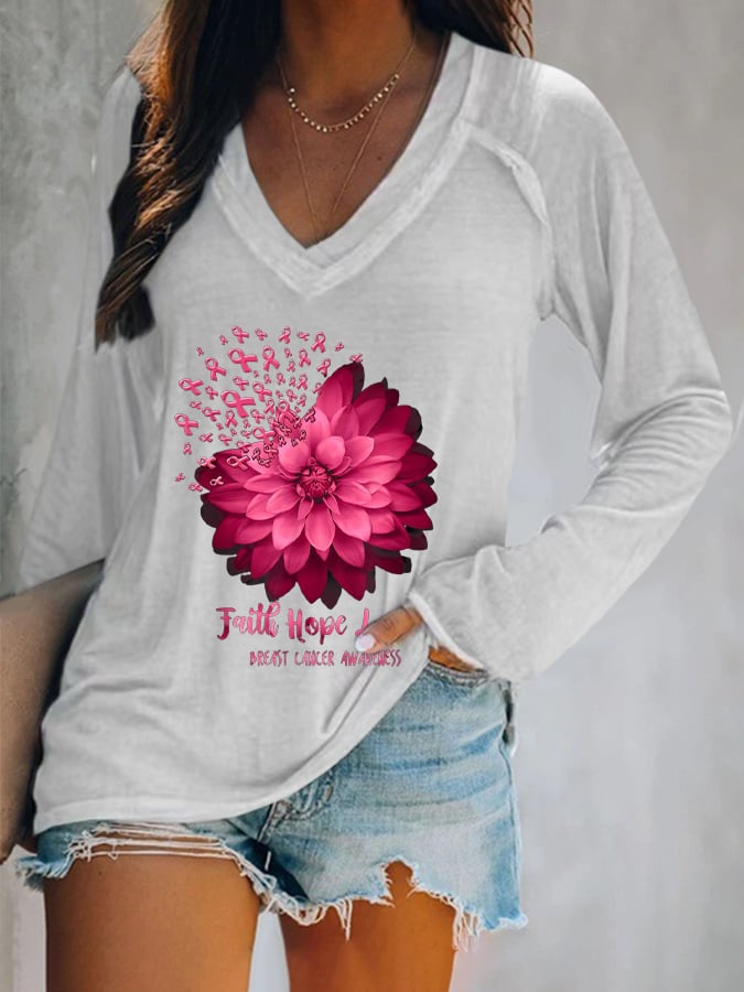 Women's Daisy Faith Pink Ribbon Breast Cancer Awareness Print Casual Long Sleeve T-Shirt