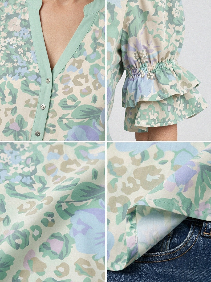 Women's Western Vintage Floral Leopard Printed Ruffle Sleeve Top