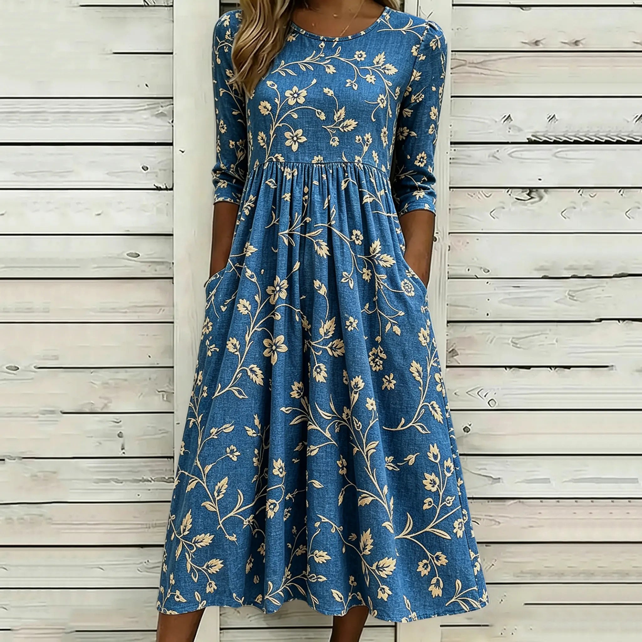 Women's Vintage Floral Design Linen Dress