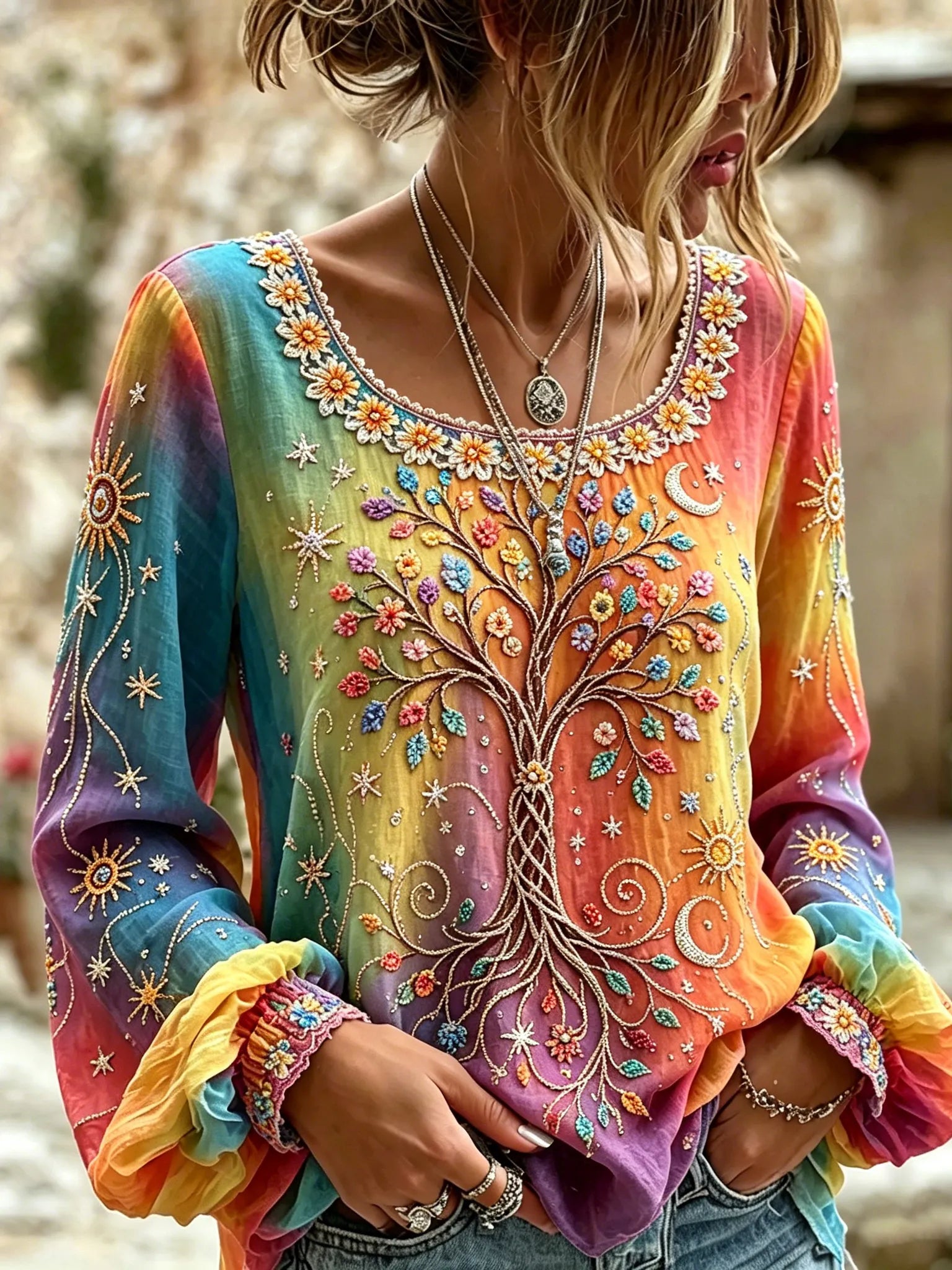 Women's Retro Hippie Peace Floral And Tree Of Life Embroidered Long-sleeve T-shirt