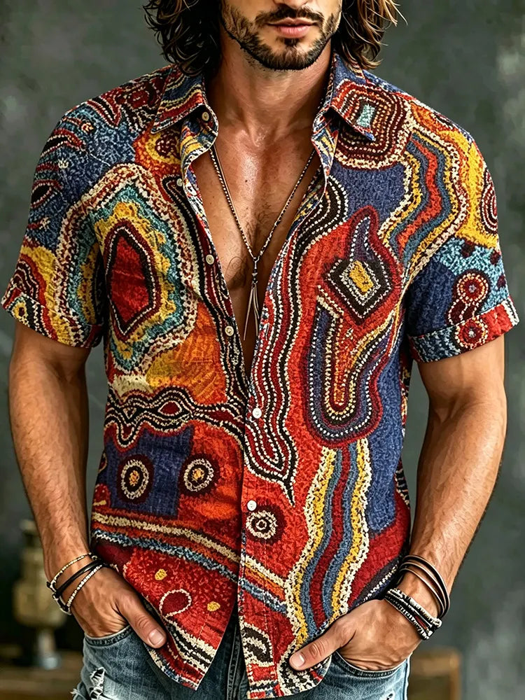 Men's Retro Color Block Printed Cotton Linen Short-sleeve Shirt