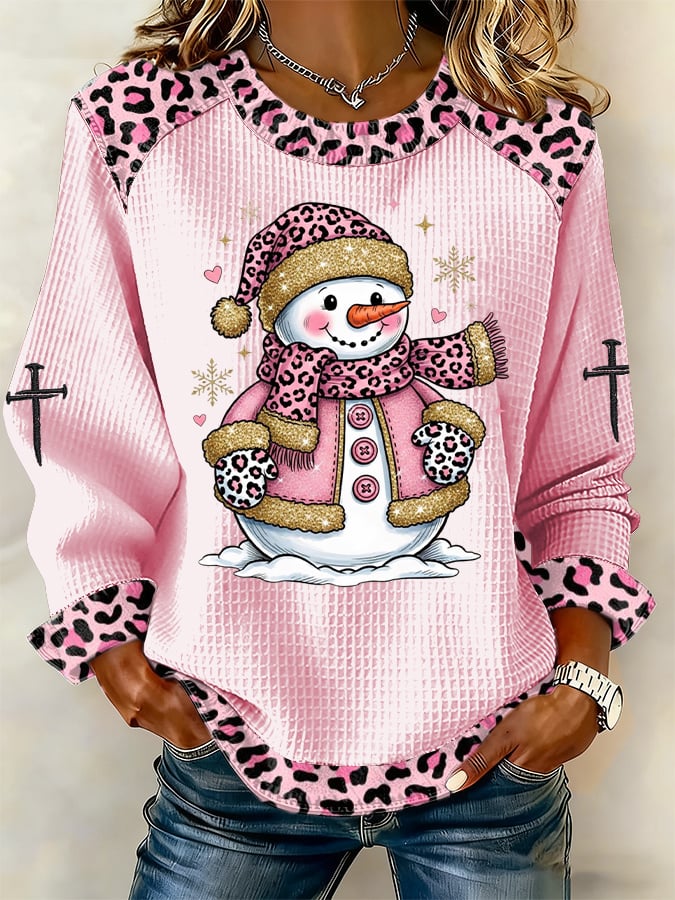 Women's Casual Pink Leopard Print Snowman Waffle Sweatshirt