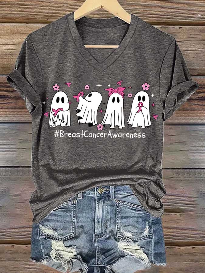 V-neck Retro Breast Cancer Awareness Ghost Pink Ribbon Print T-Shirt