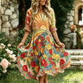 Women's Vintage Hippie Floral Art Print Round Neck Midi Dress