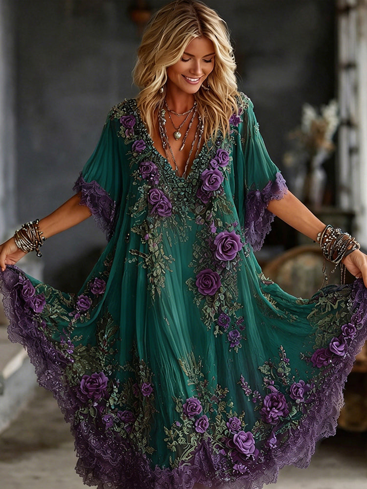 Women's Viking Celtic Knot Wings And Purple Floral Gradient Short-sleeve Dress