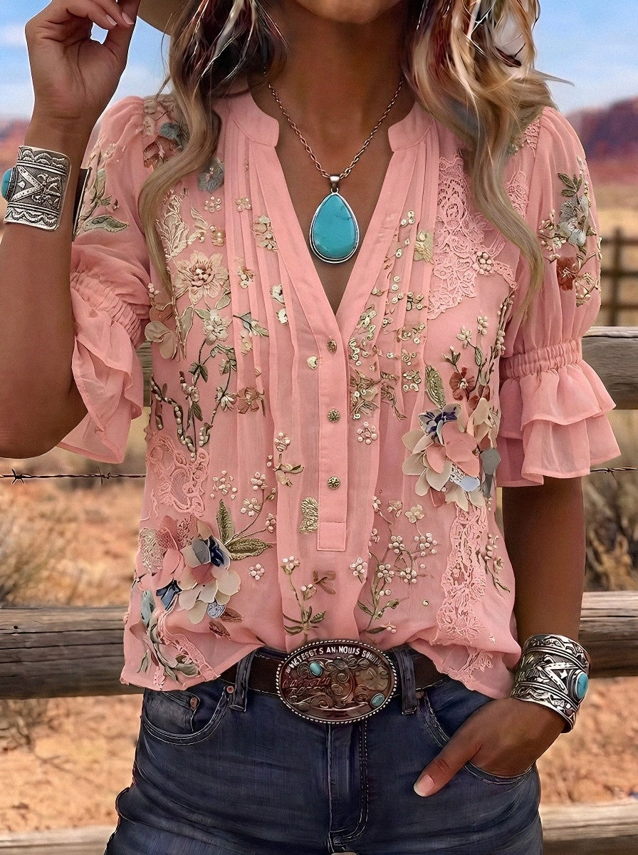 Women's Western Vintage Floral Embroidered Printed Top