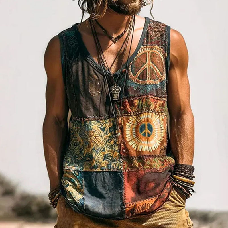 Men's Hippie Peace Sign Patchwork Print Tank Top