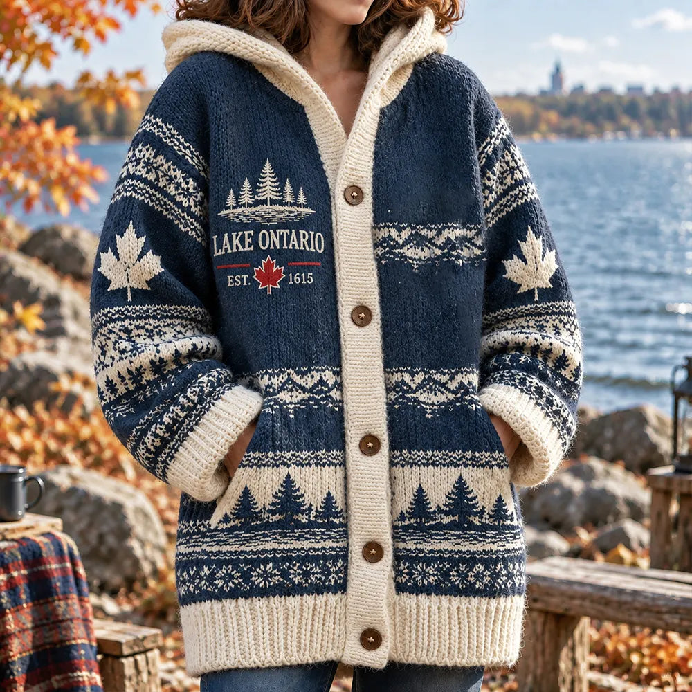 Women's 1615 Lake Ontario Pattern Knitted Casual Warm Hooded Cardigan Sweater