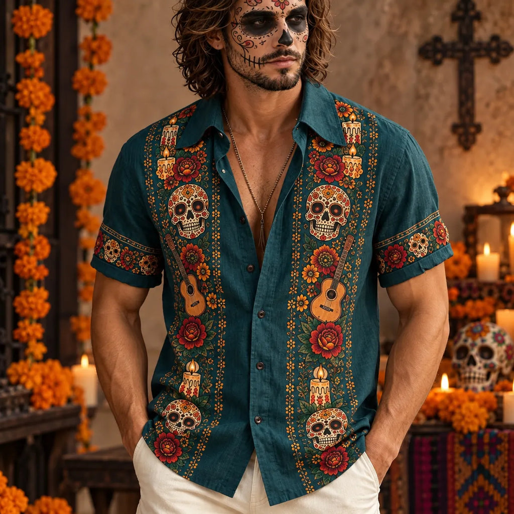 Men‘s Retro Mexico Day Of The Dead Sugar Floral Skull Printed Shirt