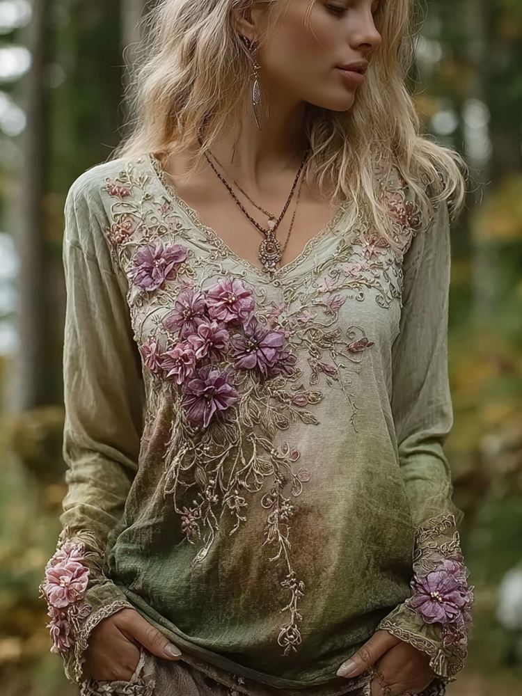Bohemian Style Forest Style Women's V-neck Cotton And Linen Long-sleeve T-shirt
