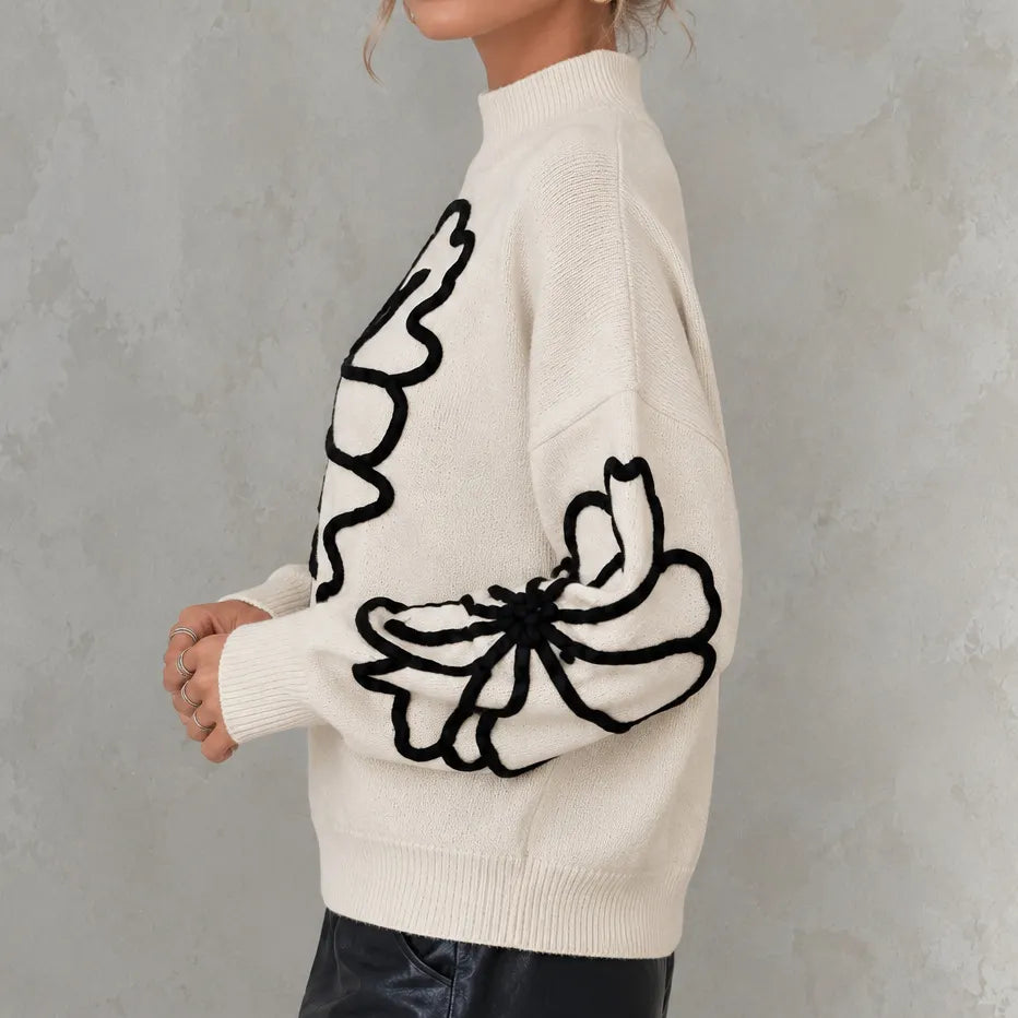 Elegant Long-sleeved Knit Top With A High Neck And 3d Floral Details