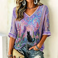 Women's Starry Sky Oil Painting Cat Sequin Print T-shirt