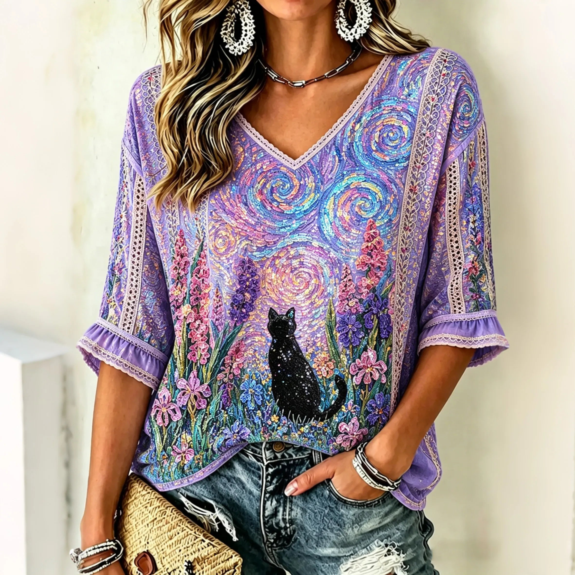 Women's Starry Sky Oil Painting Cat Sequin Print T-shirt