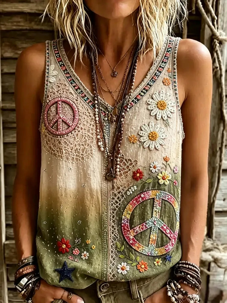 Women's Vintage Hippie Floral Patchwork Art V-neck Casual Tank Top