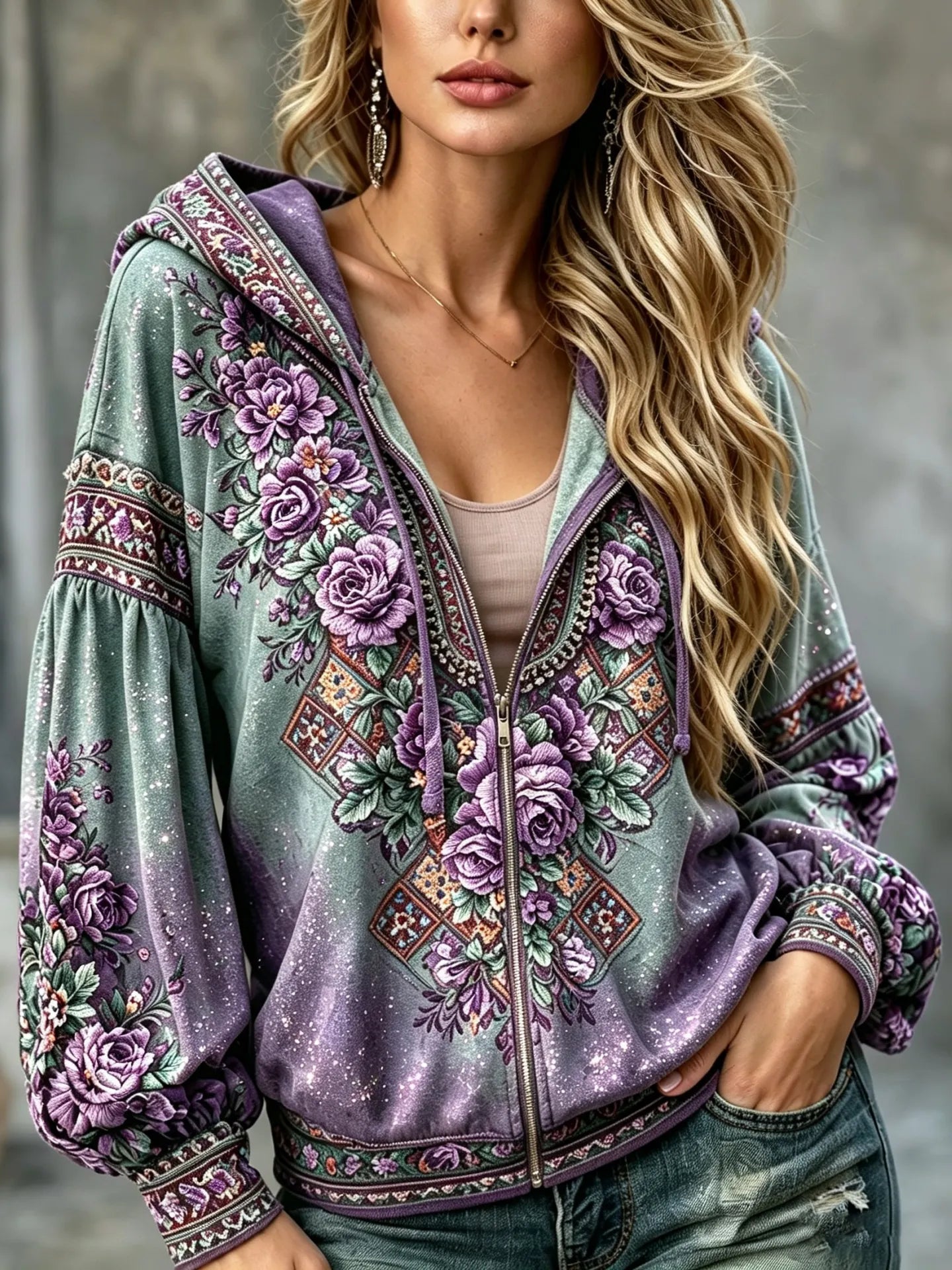 Women's Retro Rose Floral Art Print Cozy Zipper Hoodie