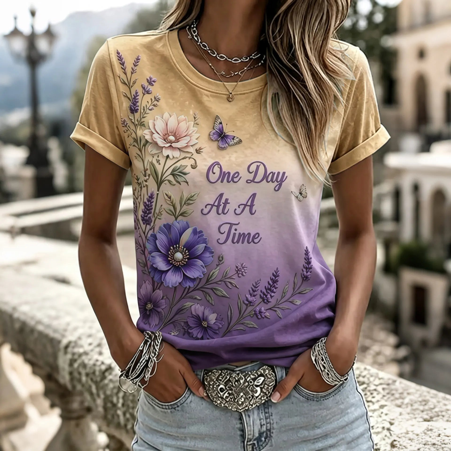 Women's Purple Floral Hummingbird Print Alzheimer's Disease Awareness Casual   T-shirt