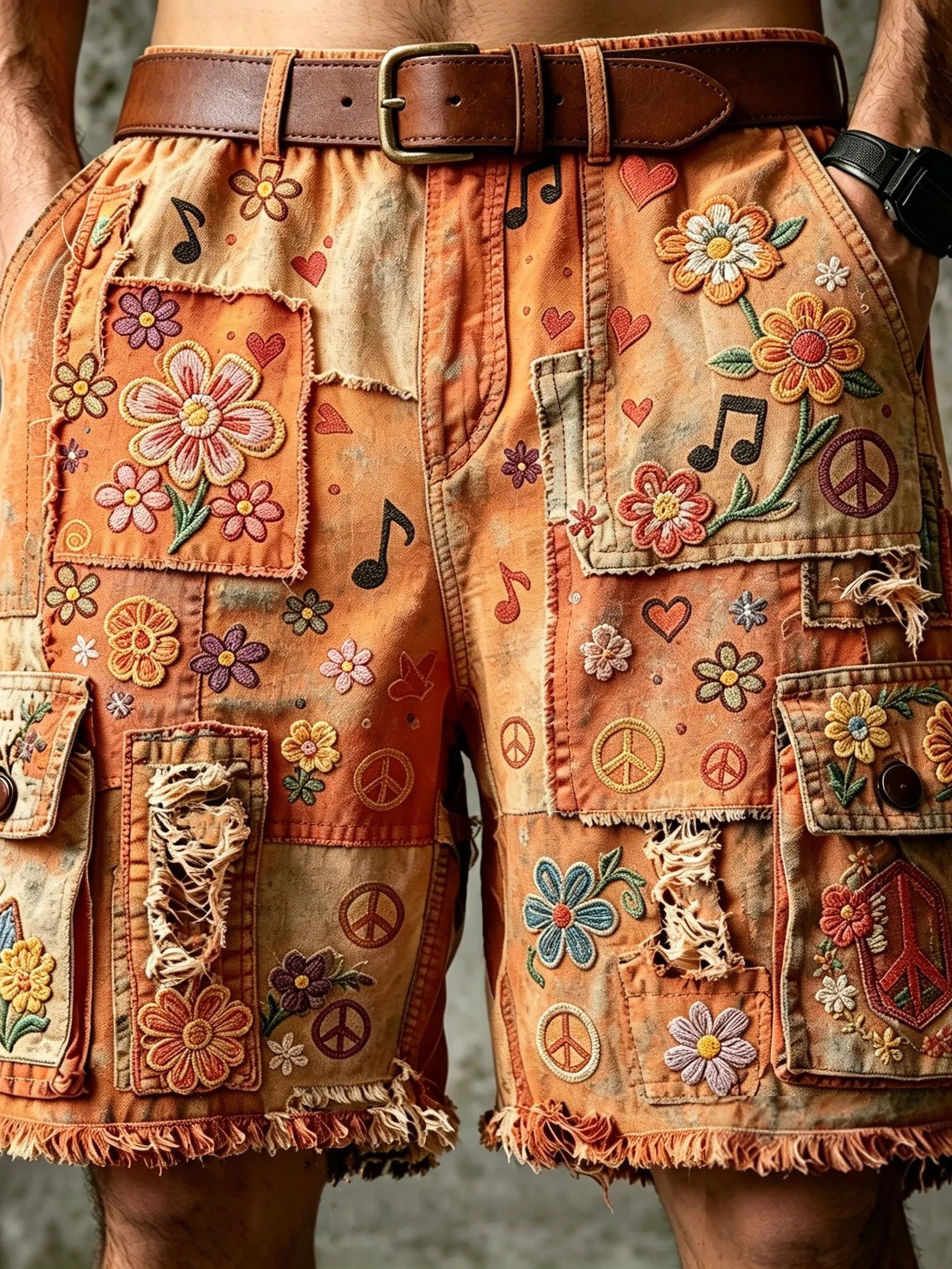 Men's Retro Hippie Style Embroidered Patchwork Print Cargo Pants