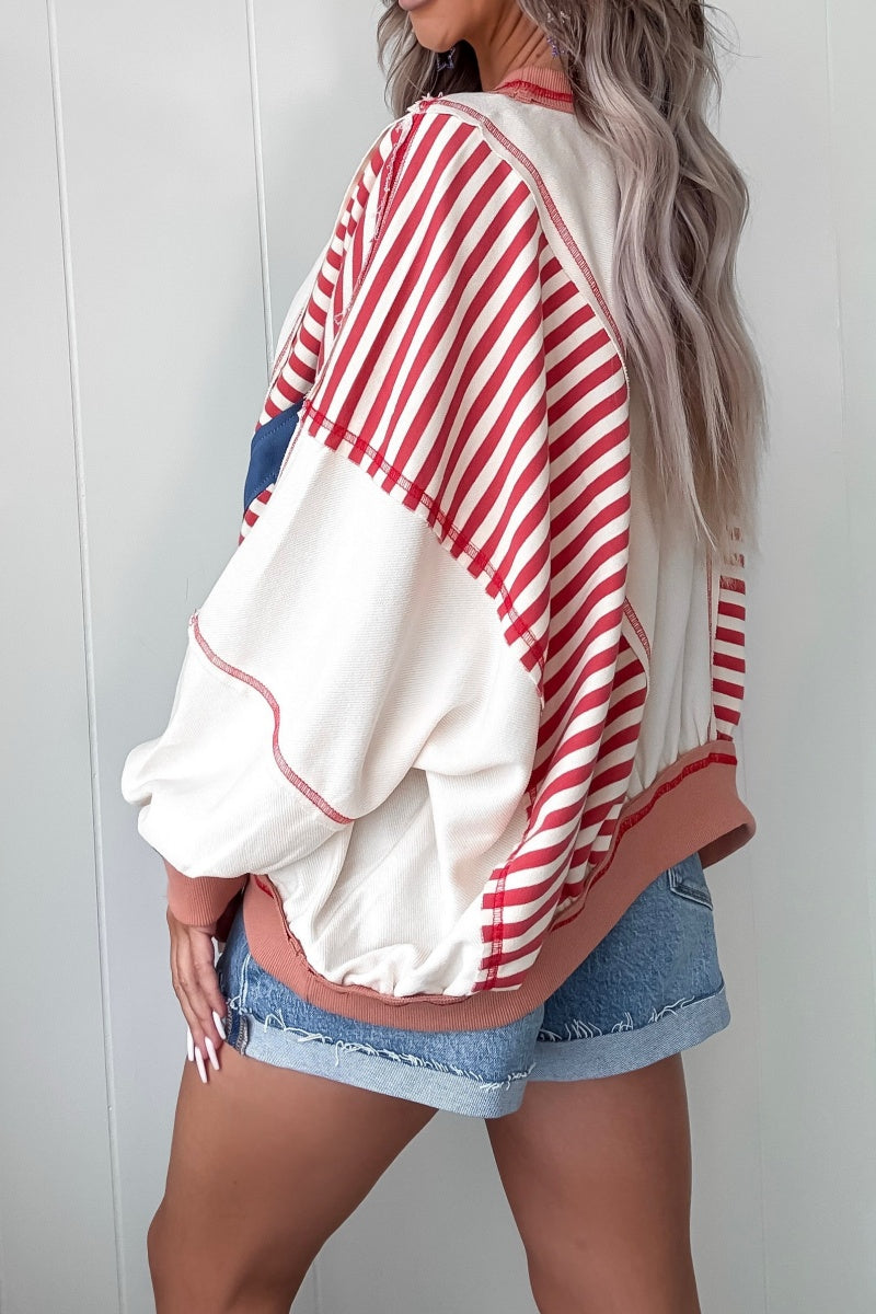 Land Of The Free Striped Sweatshirt - Oatmeal/Red
