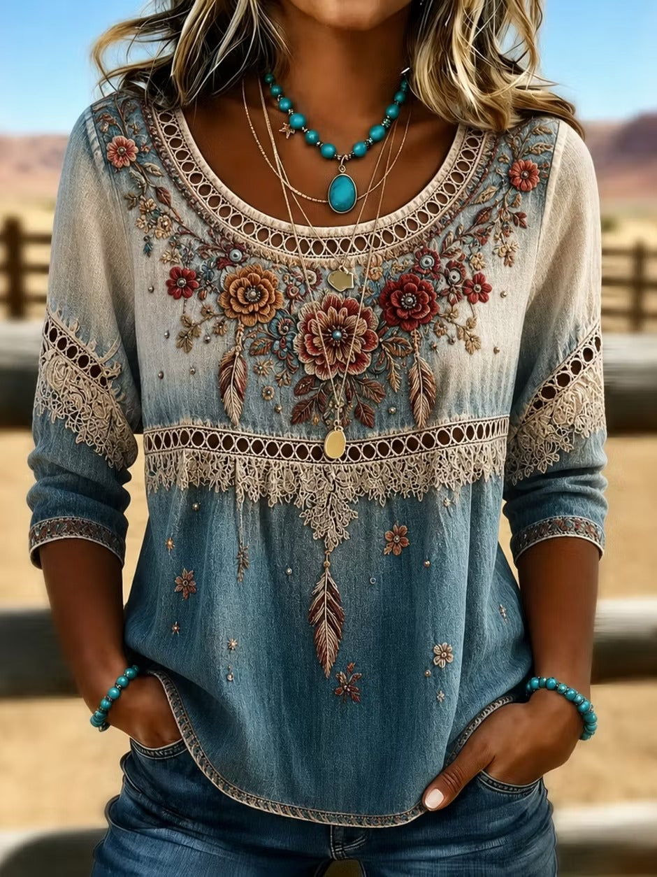 Women's Vintage Western Floral Art Crew Neck T-shirt